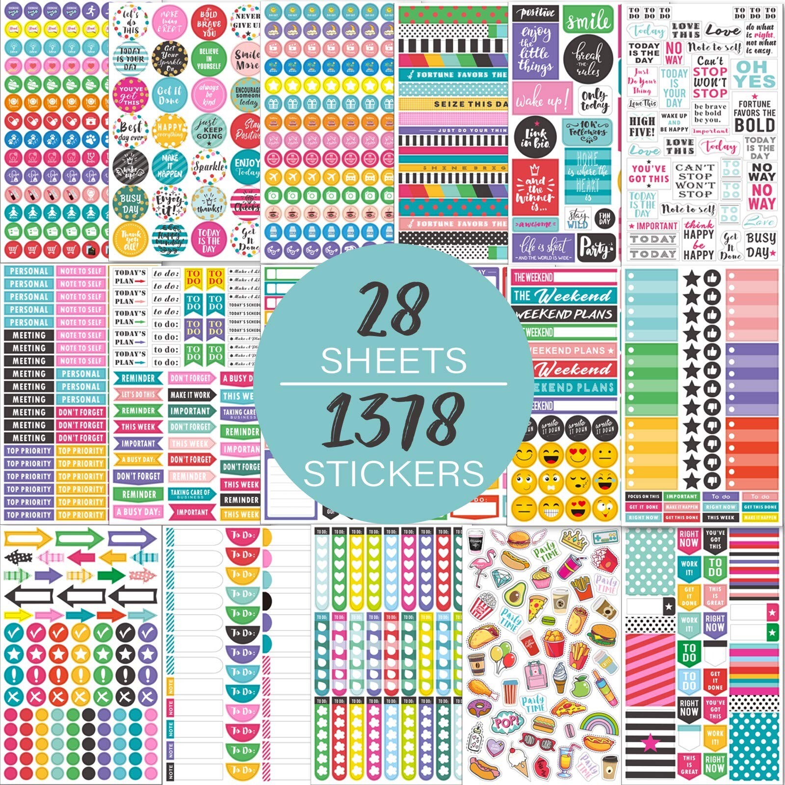 Planner Stickers Pack - 28 Sheets / 1378 Stickers, Stylish Variety Assortment...-image