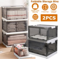 2PCS 56L Collapsible Storage Bin Clear Plastic Box Container w/Lid Wheels 2 Door