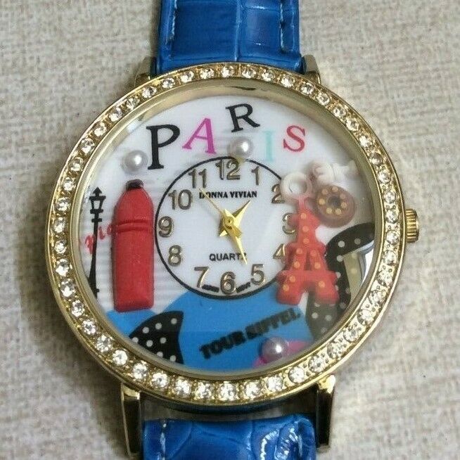Donna Vivian Women's Crystal Watch Round PARIS Dial on Blue Leather Band New!