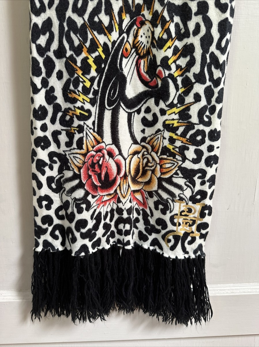 Vinrage Y2K Ed Hardy Scarf Floral Black Panther Roses 70 Inches