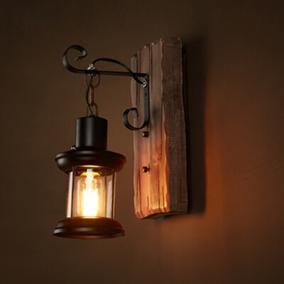 Vintage Industrial Retro Wood Sconce Cafe Bar Wall Lamp Fixture Wall Loft Light
