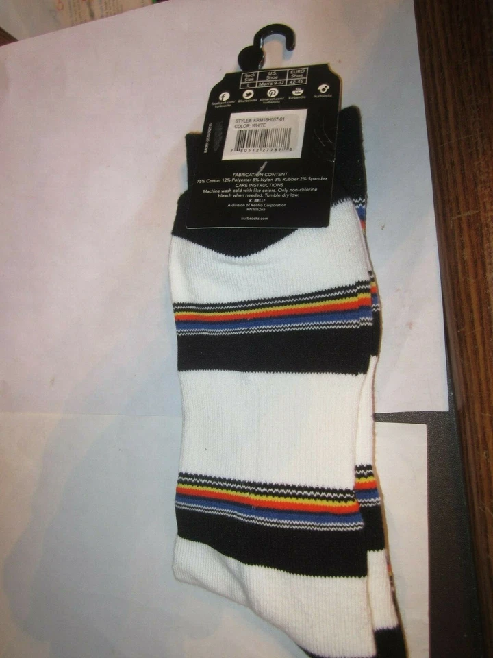 KURB Men's Cushioned Crew Socks Stripe Size L Shoe Sz 9-12 WHITE - Image 2 of 2