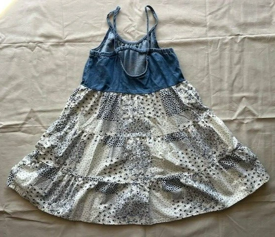 Maxi Vestido Oshkosh B’Gosh Denim Talla 7 Azul/Blanco Acolchado Floral Lino En Niveles Foto 3 de 4