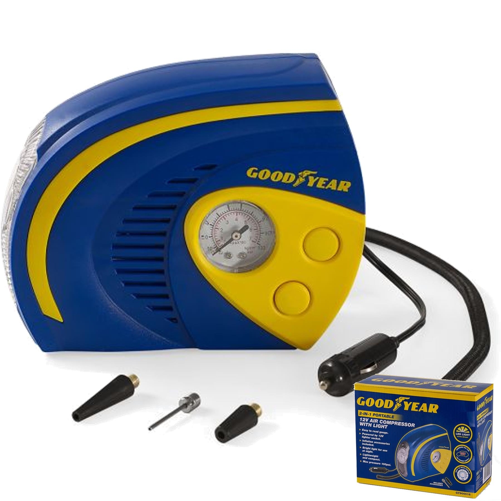 Goodyear 2 in 1 Tyre Air Compressor Inflator LED Light 12V 100PSI Portable