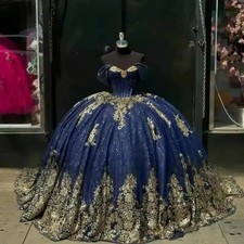 Glittering Navy Blue Quinceanera Dresses With Long Bow Crystal Gold Lace Beading