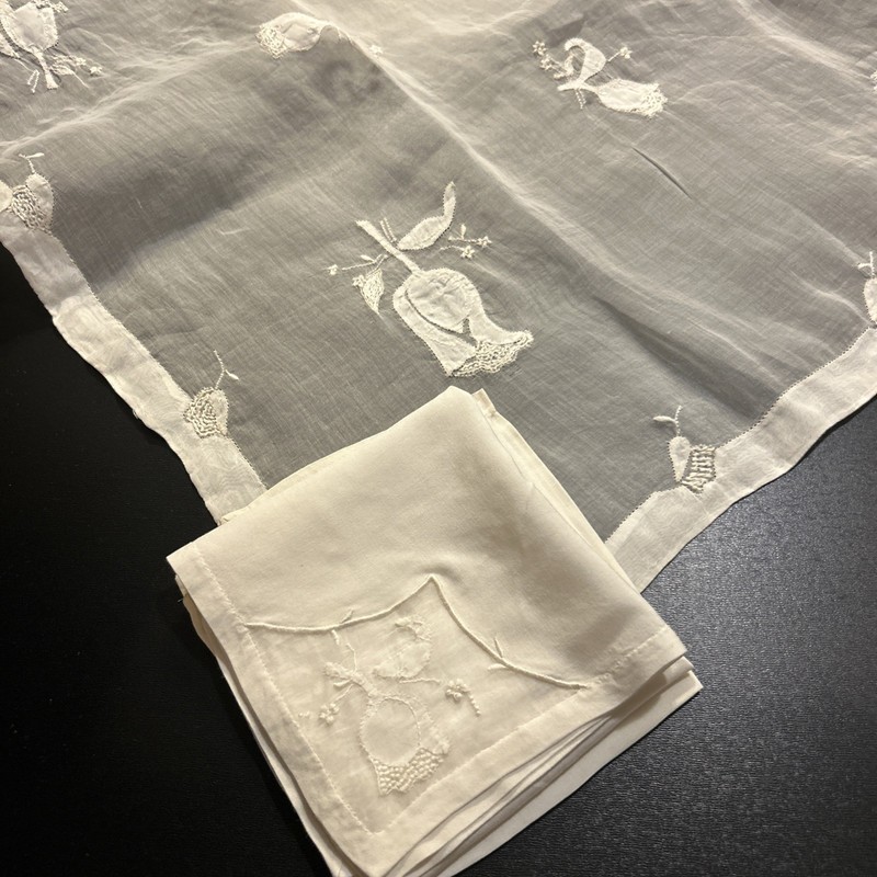 VTG MADIERA Style Organdy 34” Square Tablecloth 4 Napkins Appliqué White Linens