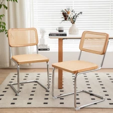 Set of 2 Rattan Dining Chair Upholstered Dining Chair w/ Metal Legs Wood Color