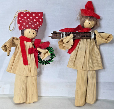 Vintage Corn Husk Christmas Ornaments Dolls 5-6'' Set of 2