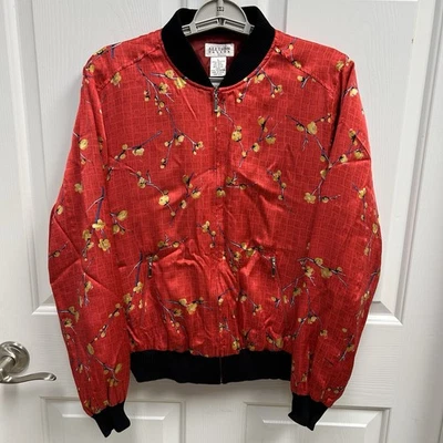 Allison Taylor Silk Bomber Jacket Womens L Red Cherry Blossom Floral Zip VTG - Image 1 of 4