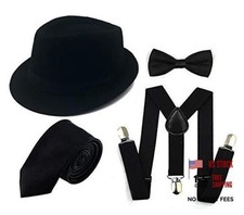 1920s Men Accessory Set Manhattan Hat, Y-Back Suspenders, Pre Tied Bow Black