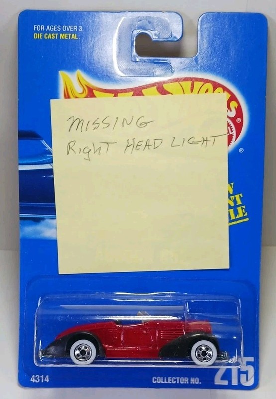 1991 Hot Wheels Blue Card #215 Auburn 852 Red Missig Headlight Error Ww Bw
