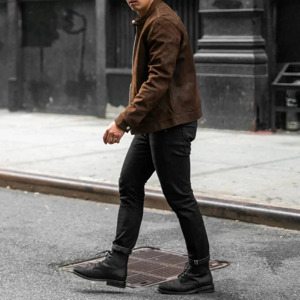 Men's Brown Racer Leather Jacket Pure Suede Motorcycle Jacket All Sizes XS - 3XL - Image 3 of 4