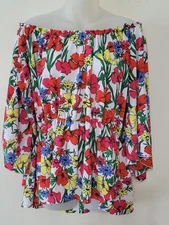 Signature Studio Off Shoulder Blouse Size L Multicolor Floral Elastic Waist Top
