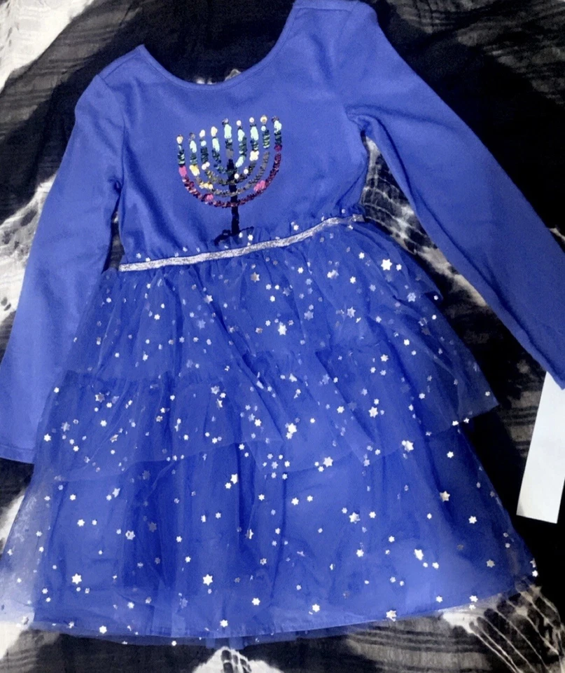 Cat & Jack Blue Long Sleeve Hanukkah Stars Lined Puffy Dress Menorah - S/M/L/XL - Image 4 of 4