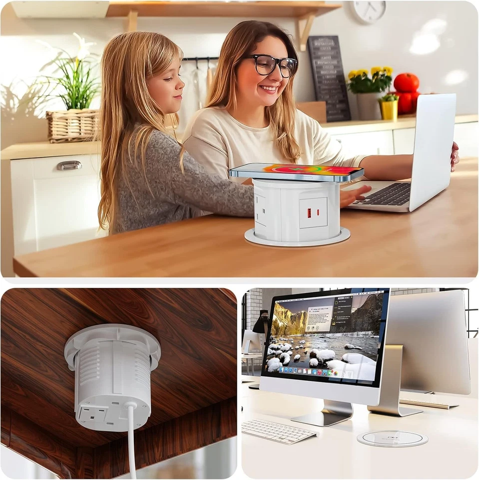 Pop Up Kitchen Worktop Sockets with Wireless Charging, USB C Pop Up Socket white - Image 2 of 4