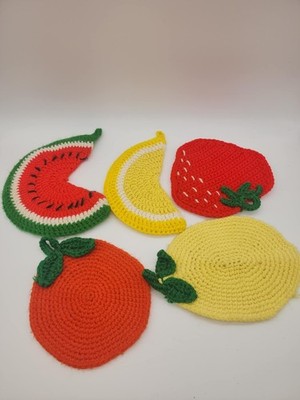 Handmade Crochet Coaster Set Of 5 Fruit  Strawberry Watermelon Lemon Orange