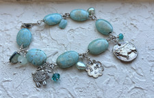 Handmade Faux Turquoise Dangle Charm Bracelet Silver Tone Sheep