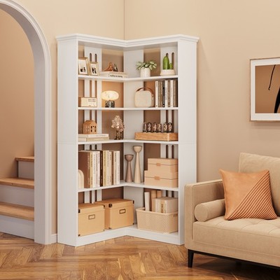 Corner Panel Bookcase Display Book Shelf 5 Tier Bookshelf with Storage White