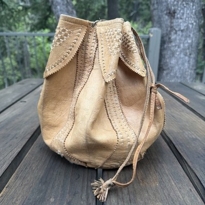 VTG Navajo Handmade Leather Bucket Bag Whipstitch Braided Boho Drawstring K73