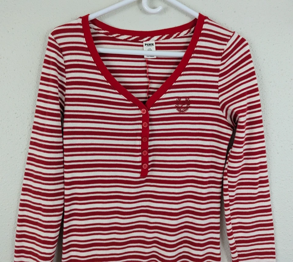 ROSA Victoria's Secret Talla L Térmico Una Pieza Pijama Rojo Blanco Rayas Tejido 0531 Foto 2 de 4
