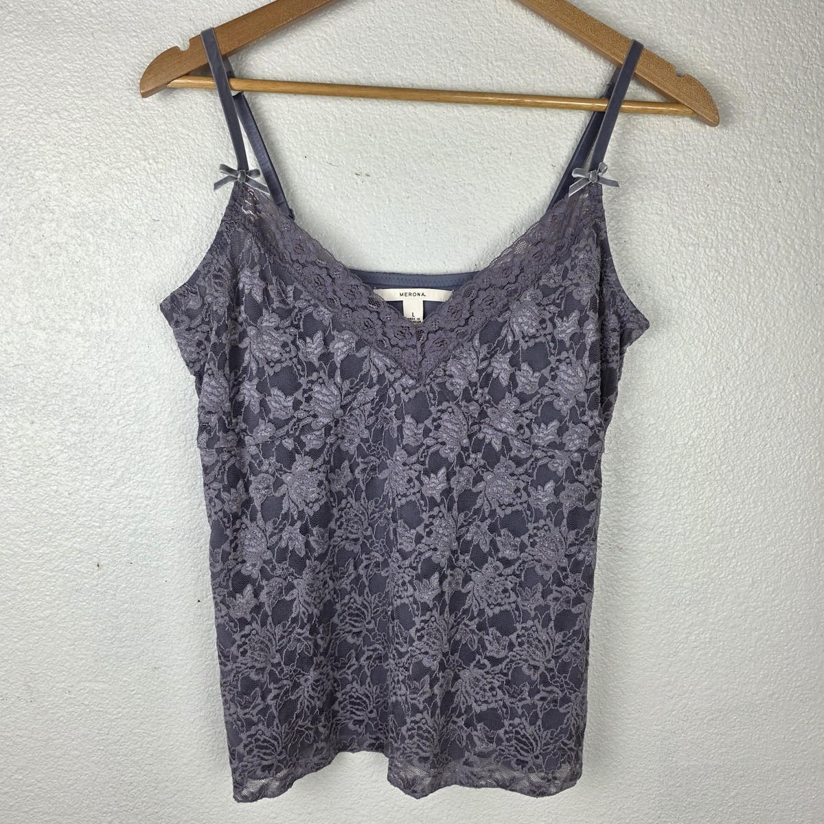 Womens Romantic Lace Cami Tank Top L Bows Purple Floral Y2K 