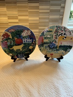 Vintage Pair Hand Painted China Trader Happy Dog and Happy Cat Plates