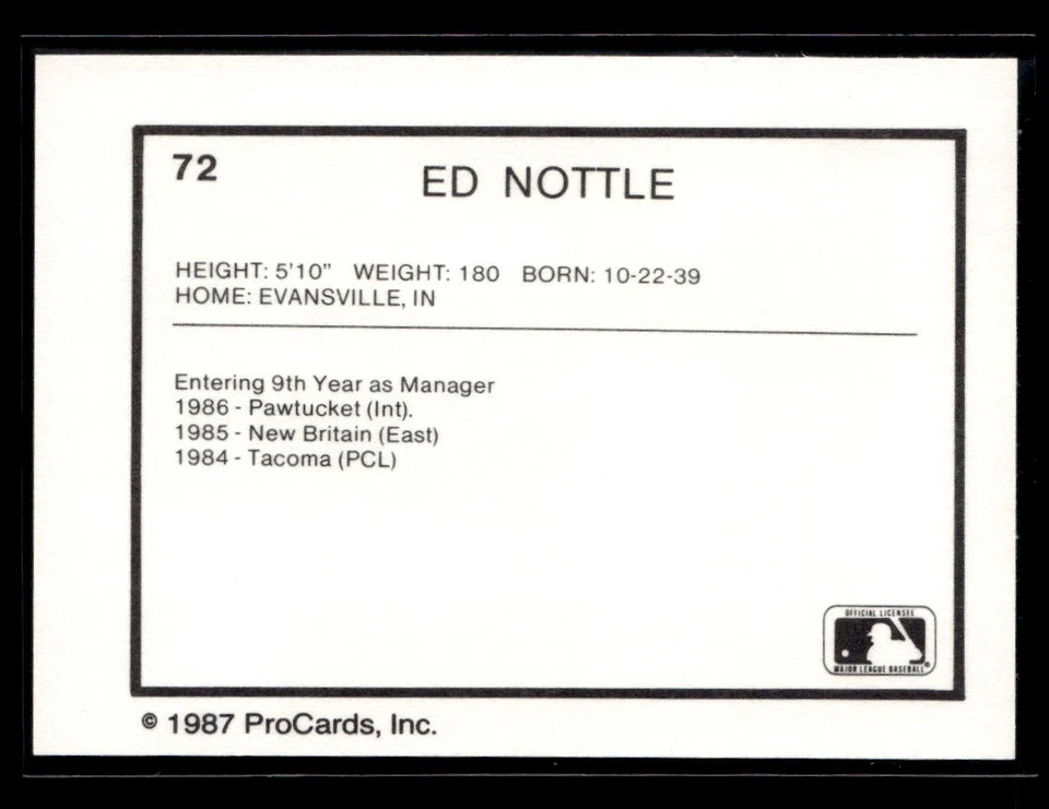1987 ProCards Ed Nottle #72 - Image 2 of 2