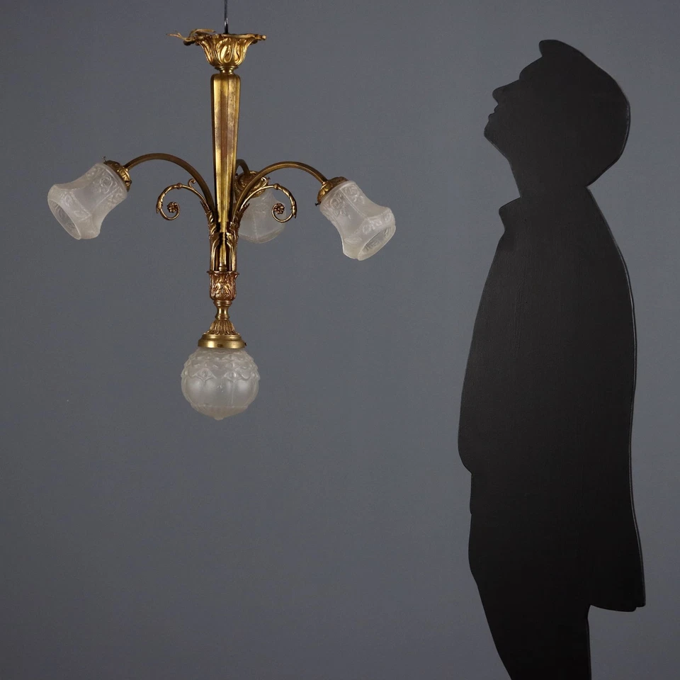 Lustre Ancien Bronze Doré 3 Lumières Italie du XXe Siècle Original - Photo 3/4