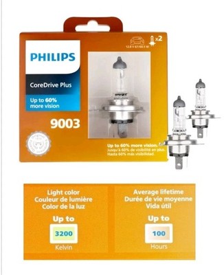 New Philips CoreDrive Plus 9003 Halogen Headlight Bulbs 2 Pack 3200K 1000lm 100H