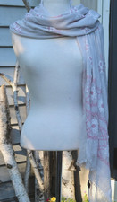 NEW Pale Grey  Pink Embroidered Flowers Lightweight Sheer Scarf