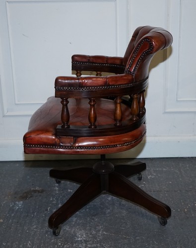 ANTIQUE HAND DYED BROWN LEATHER CHESTERFIELD CAPTAINS OFFICE SWIVEL ARMCHAIR - Picture 14 of 16