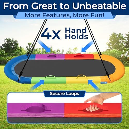 SereneLife 67" Oval Saucer Outdoor Swing w/Kit, Swinging Seat Spinner - Rainbow - Picture 3 of 7
