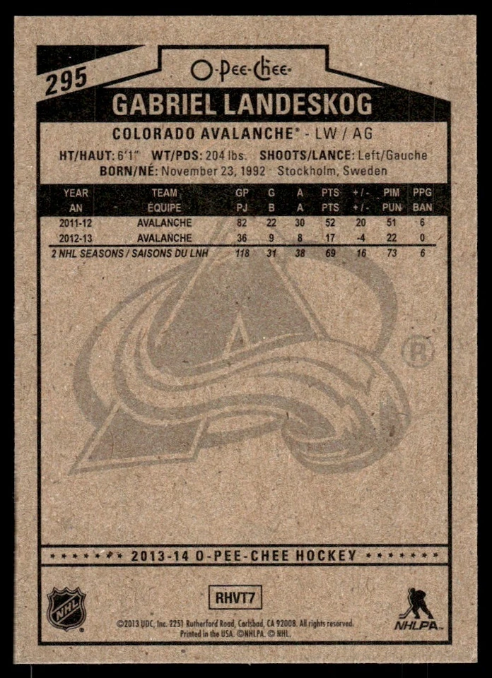2013-14 O-Pee-Chee Gabriel Landeskog Colorado Avalanche #295 R80 - Image 2 of 2