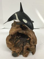 John Perry Studio Orca Whale Sculpture on Burl Wood Hand Crafted