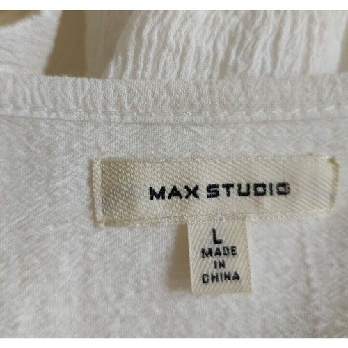 Max Studio Women Blouse Button Up Shirt White sz L Eyelet Balloon Sleeves Cotton - Picture 6 of 8