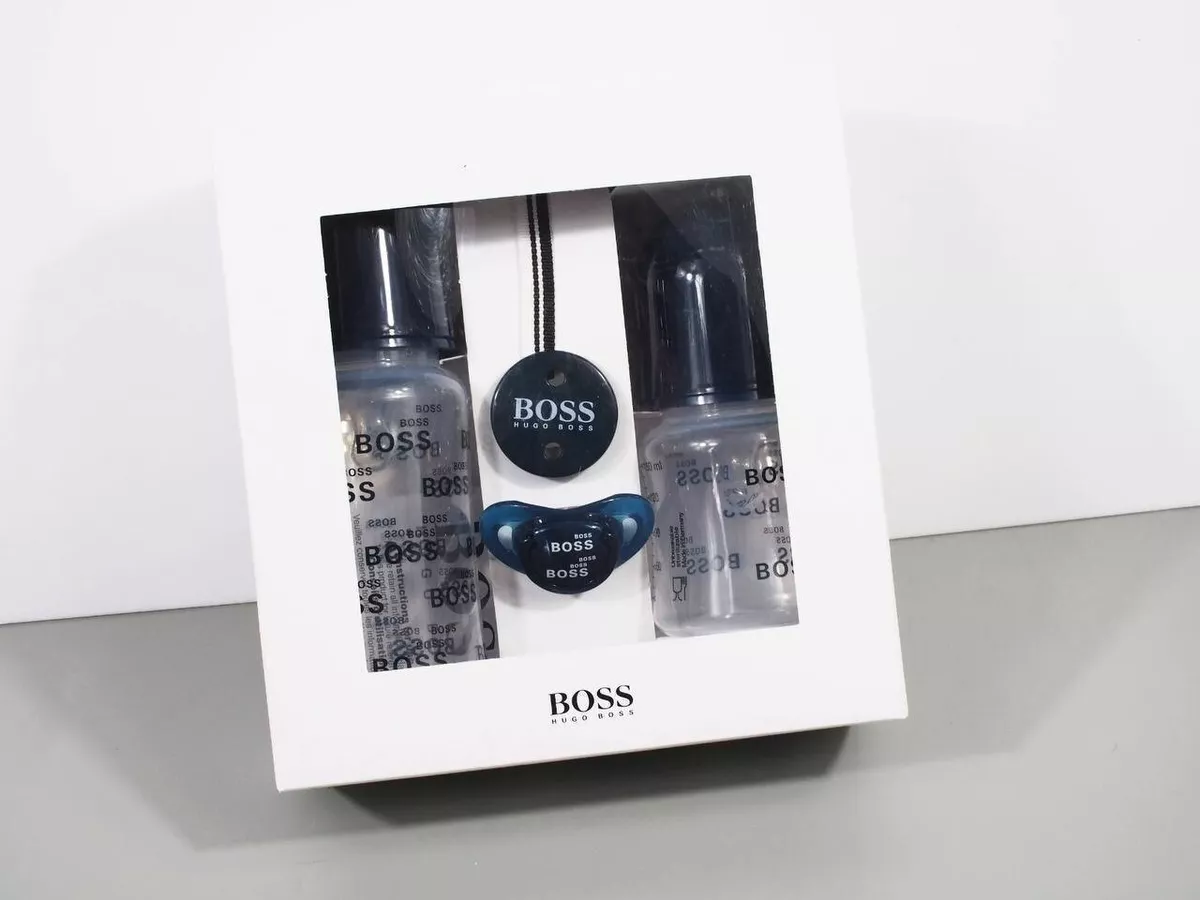 HUGO BOSS BABY BOTTLES SET TWO BOTTLE DUMMY BOXED SET NAVY