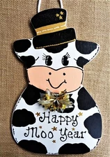 HAPPY MOO YEAR New Year's COW Sign Plaque Fall Autumn Door Wall Holiday Decor