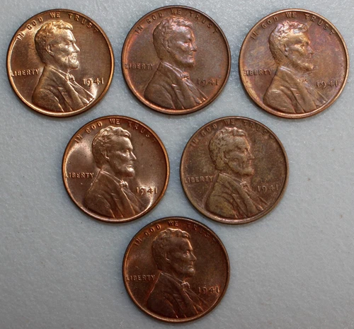 1941 Lincoln Wheat Cent 6 Coin Lot 1c US Pennies AU to UNC Toning SIX Piece Lot