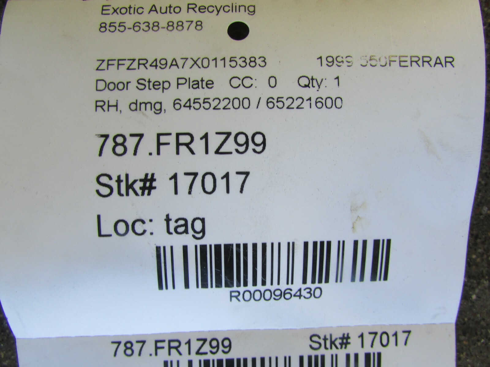 Ferrari 550 RH Right Door Step Plate, Used Some Damage  P/N 64552200, 65221600