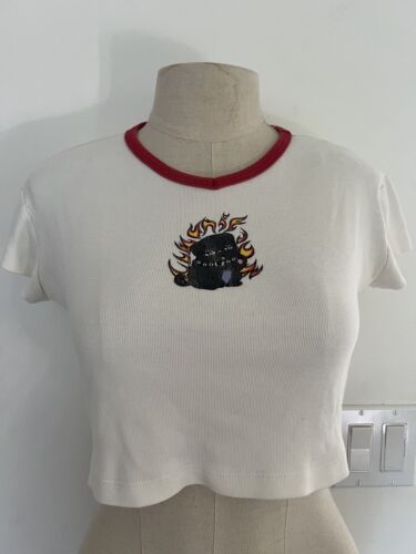 UNIF Flaming Pug Dog Cropped T Shirt, Size M