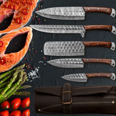 5PCS Damascus Steel Chef Knife Set Kitchen Knives Full Tang Handmade w/Bag
