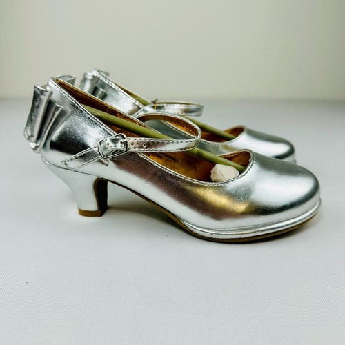 Little Angel Girls Tasha Mary Jane Heels Size 1 Little Kid Silver Rhinestone Bow - Picture 1 of 7