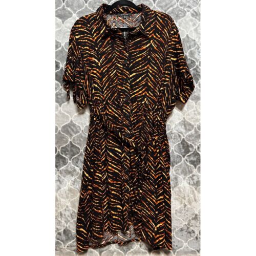NWT Elegant Tiger Print Button Down Shirt Dress Sz 3X Short Sleeve Midi Length