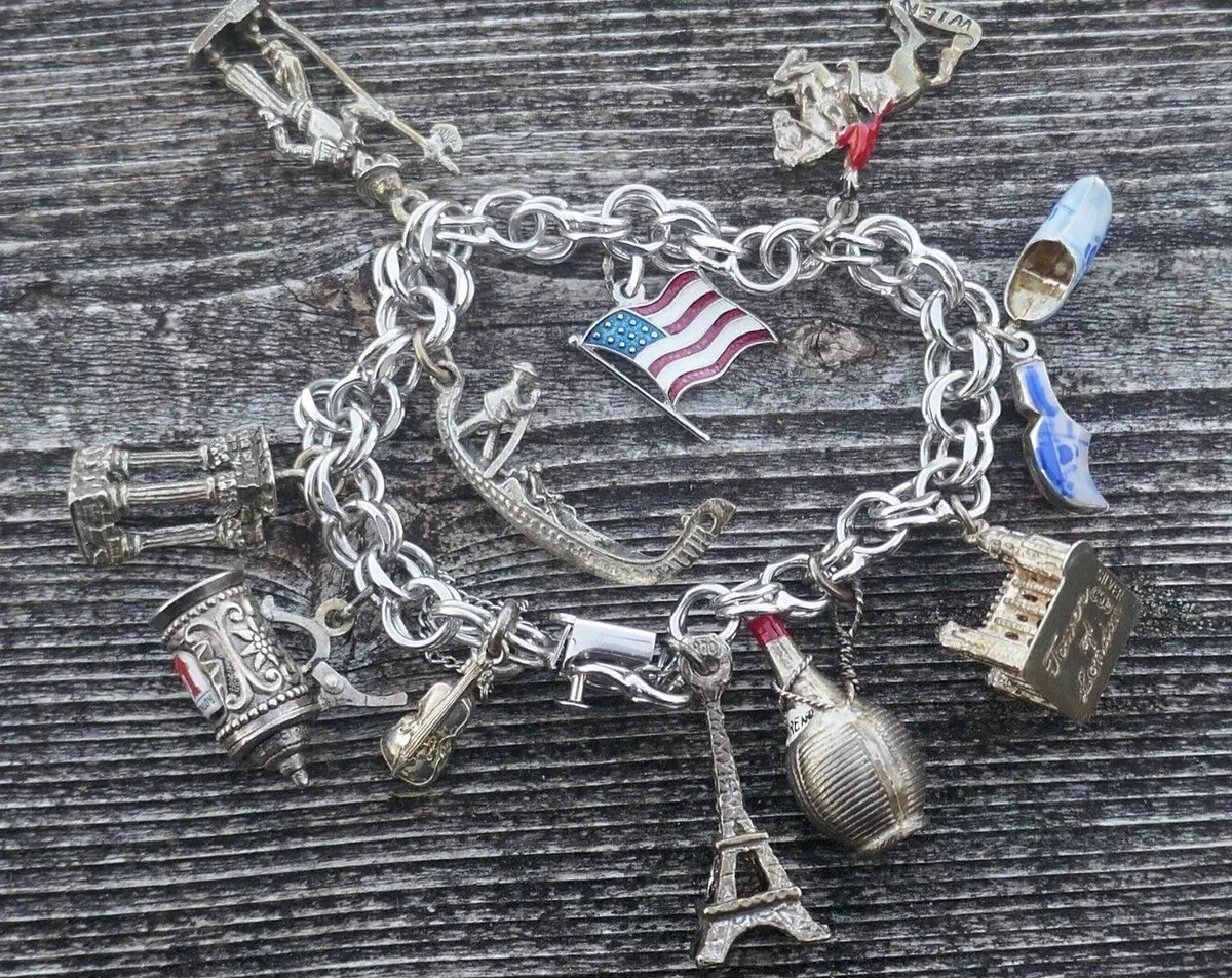 Vintage Sterling Silver Enameled 11 Charm Bracelet 7