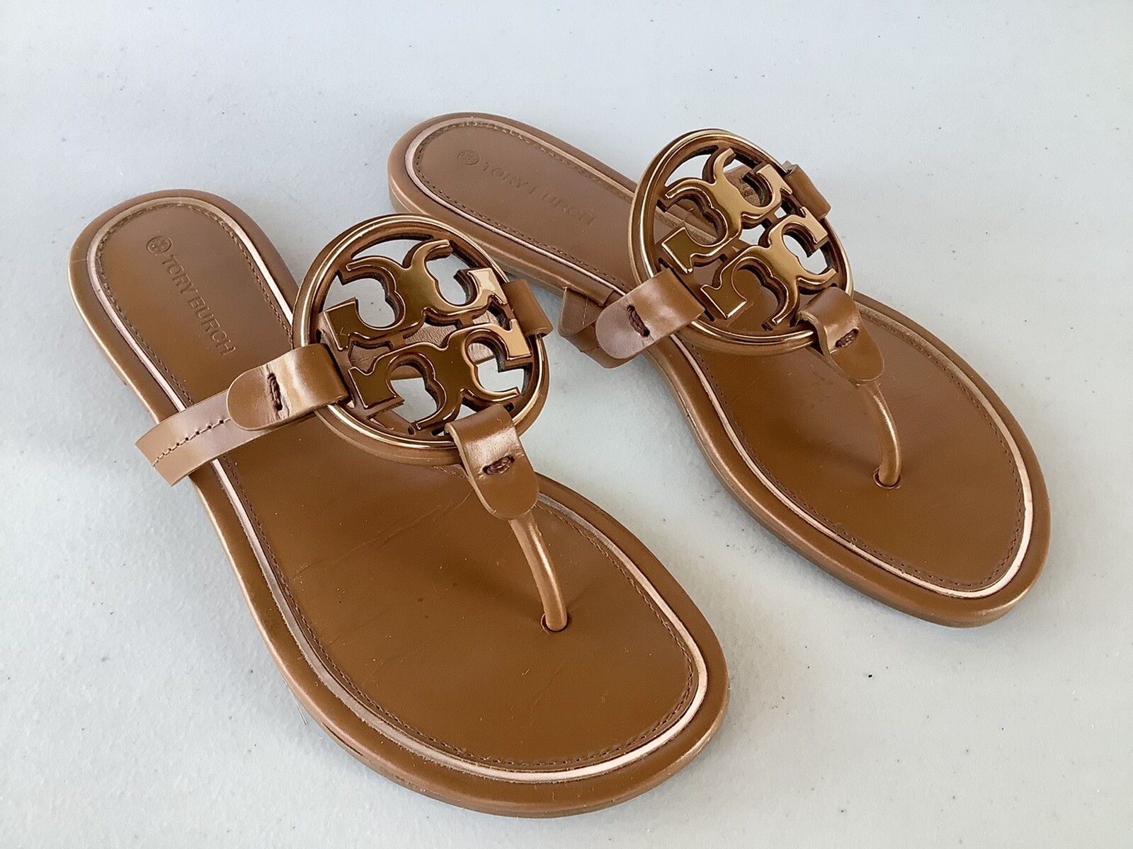 $228~TORY BURCH Miller Metal Leather Sandals,Vachetta/Rose Gold, 7.5M🌟EXC  COND | eBay