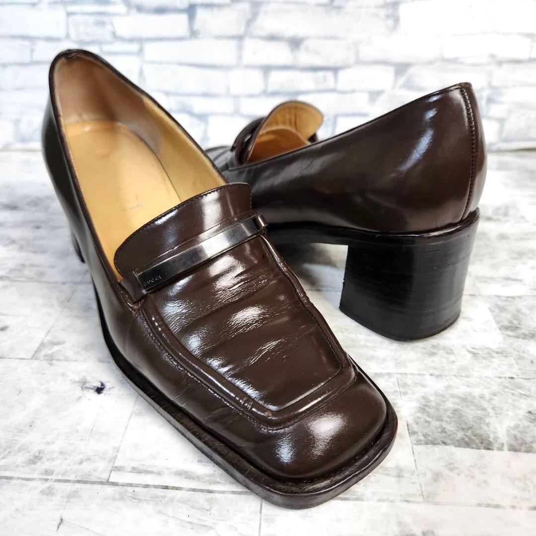 Auth Gucci Square toe Loafer Pumps Leather Brown Logo Heel EU35 US5 UK2 thumbnail 13