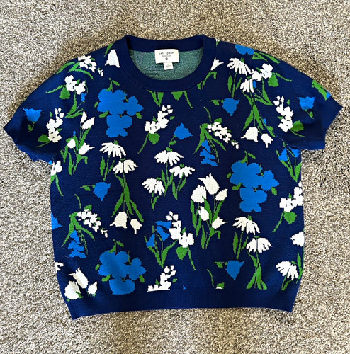 kate spade new york Blue Floral Flowers Cropped Sweater Size L Women’s