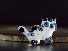 Vintage Brosche Katze Messing Emaille weiß -...