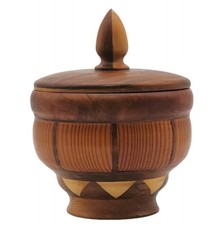 Vintage Hand Turned Wooden Trinket Bowl Lid Artist Signed Marquetry Inlaid