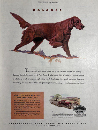 1945 Pennsylvania Oil Motor Irish Setter Dog Quality Emblem Auto VTG Print Ad
